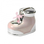 Die versilberte Babyschuh Spardose in Rosa!